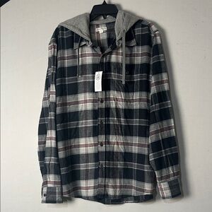 SUN&STONE men’s Flannel Hooded shirt, Long Sleeve Button Down 100%Cotton Sz L